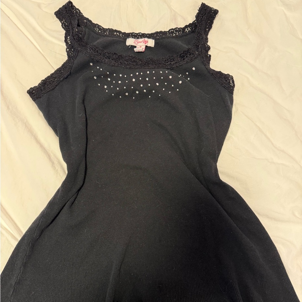 Lena Black Tank Top with Lace Trim and Rhinestone